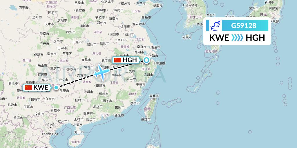 G59128 China Express Airlines Flight Map: Guiyang to Hangzhou