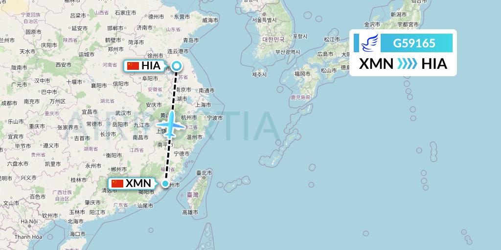 G59165 China Express Airlines Flight Map: Xiamen to Huai'an