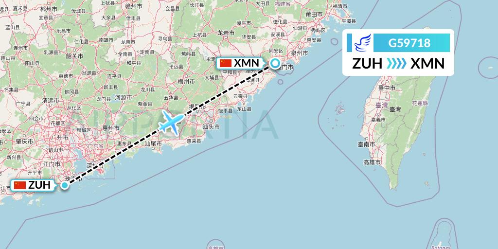 G59718 China Express Airlines Flight Map: Zhuhai to Xiamen