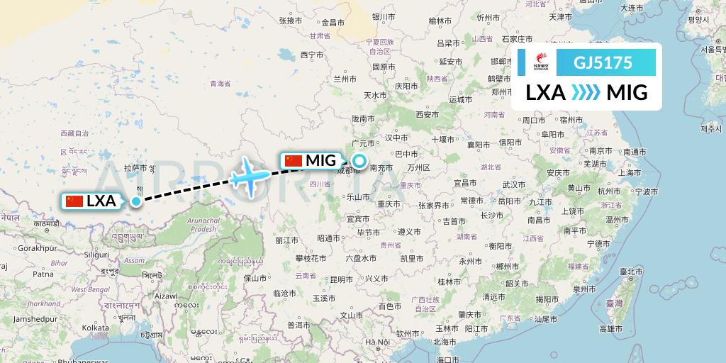 GJ5175 Loong Airlines Flight Map: Lhasa to Mianyang