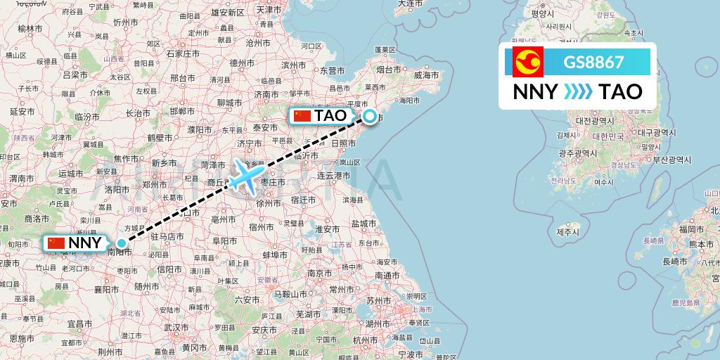 GS8867 Tianjin Airlines Flight Map: Nanyang to Qingdao