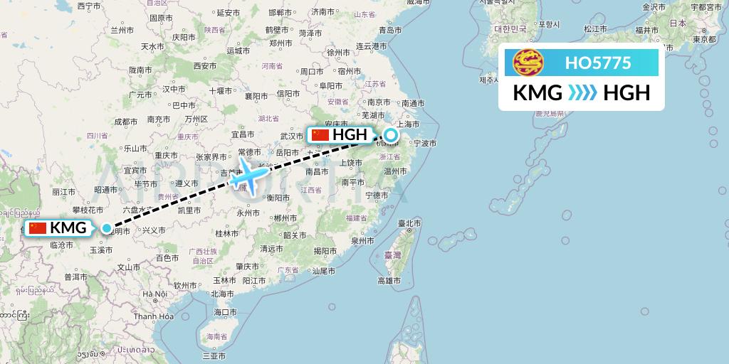 HO5775 Juneyao Airlines Flight Map: Kunming to Hangzhou