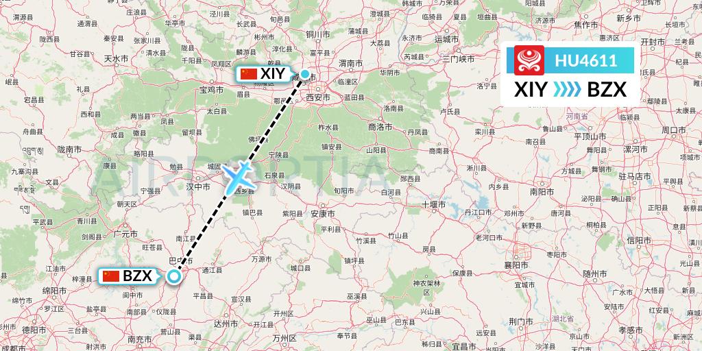 HU4611 Hainan Airlines Flight Map: Xi'an to Guangyuan