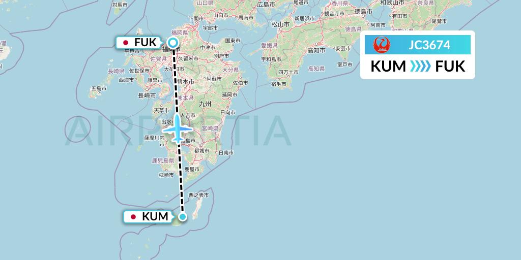 JC3674 Japan Air Commuter Flight Map: Yakushima to Fukuoka