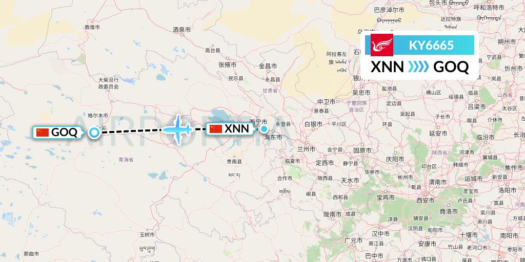 KY6665 Kunming Airlines Flight Map: Xining to Golmud
