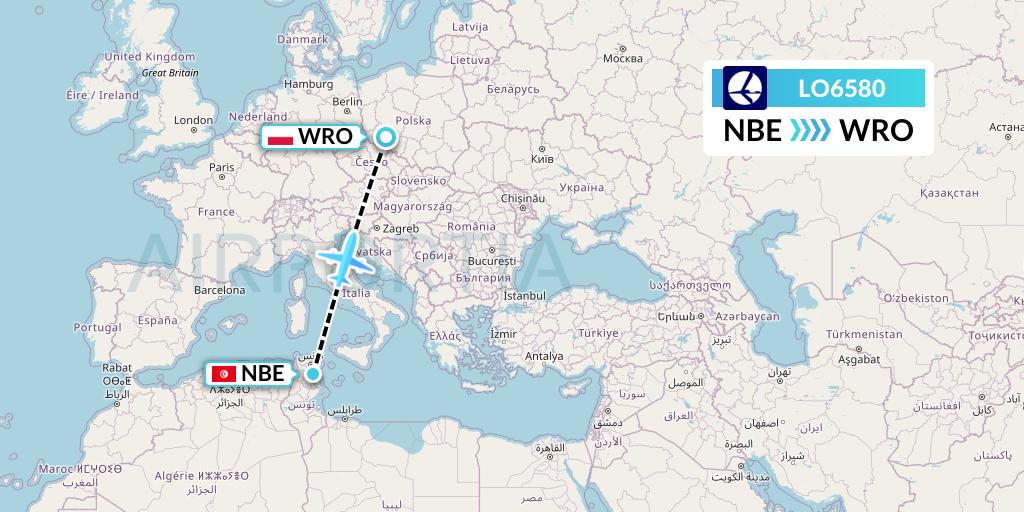 LO6580 LOT Flight Map: Enfidha to Wroclaw