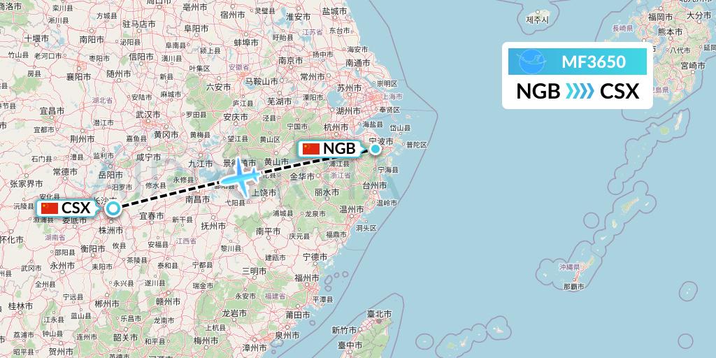 MF3650 Xiamen Airlines Flight Map: Ningbo to Changsha