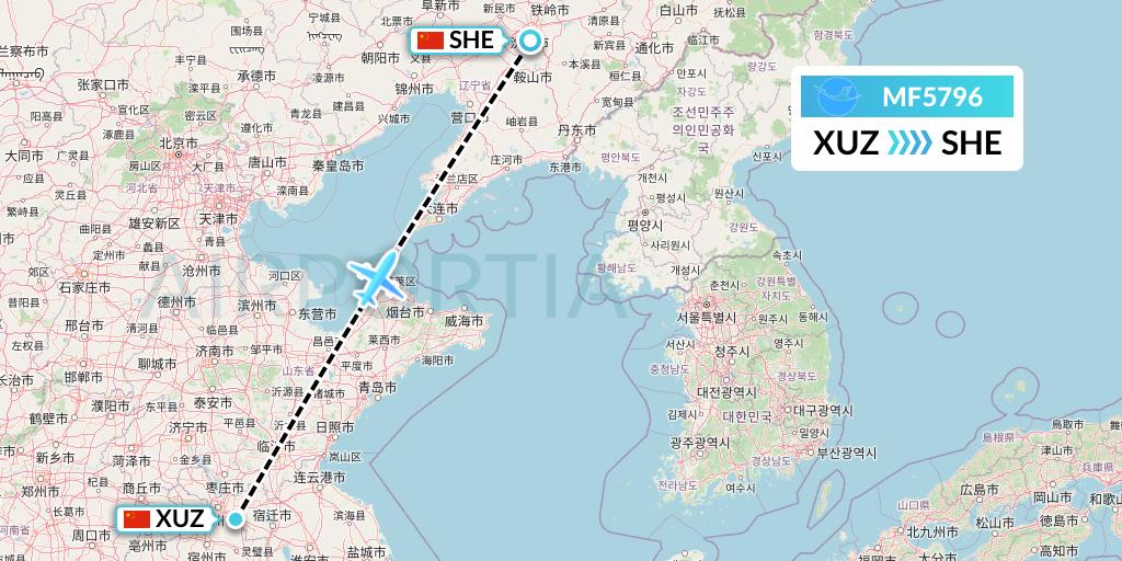 MF5796 Xiamen Airlines Flight Map: Xuzhou to Shenyang