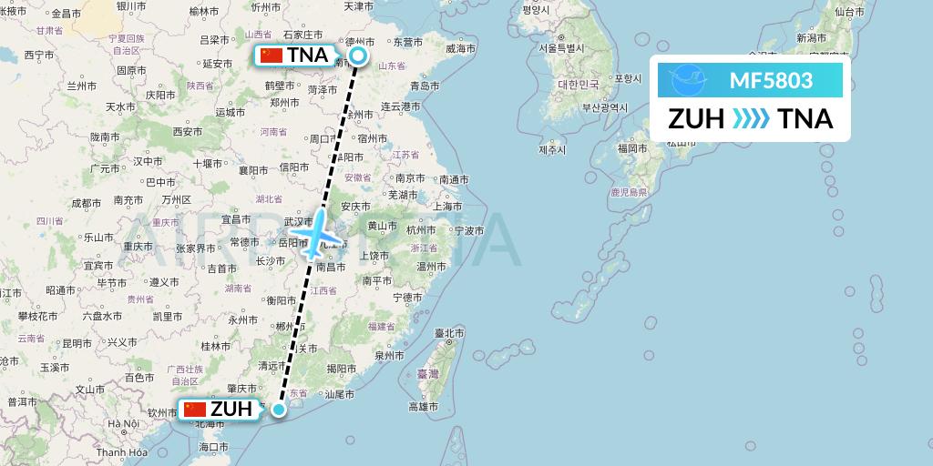 MF5803 Xiamen Airlines Flight Map: Zhuhai to Jinan