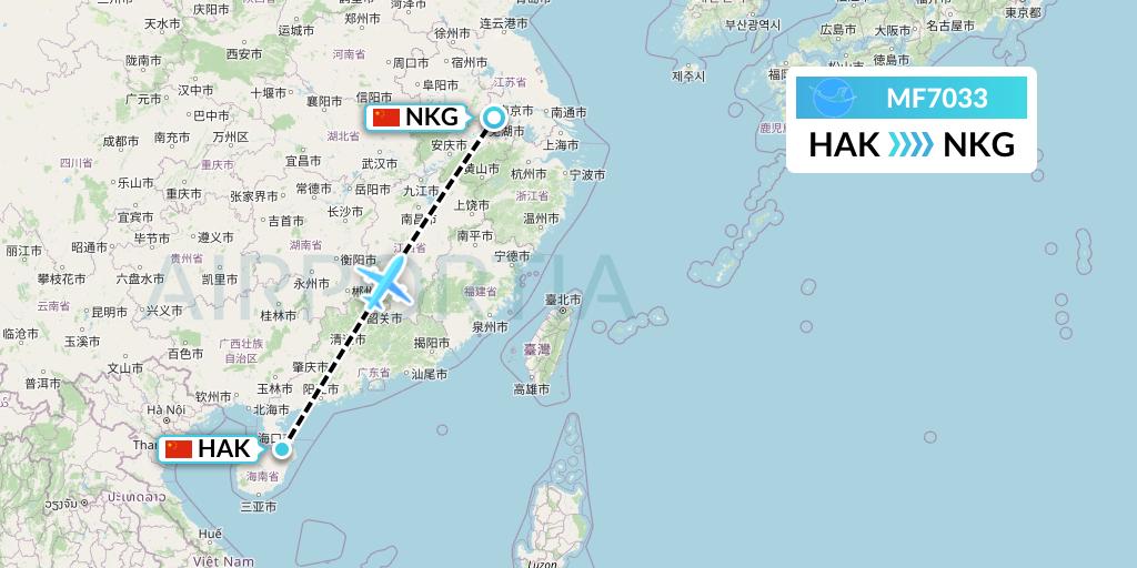 MF7033 Xiamen Airlines Flight Map: Haikou to Nanjing