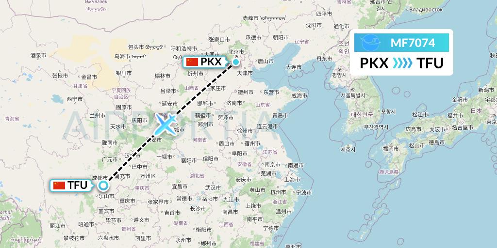 MF7074 Xiamen Airlines Flight Map: Beijing to Chengdu
