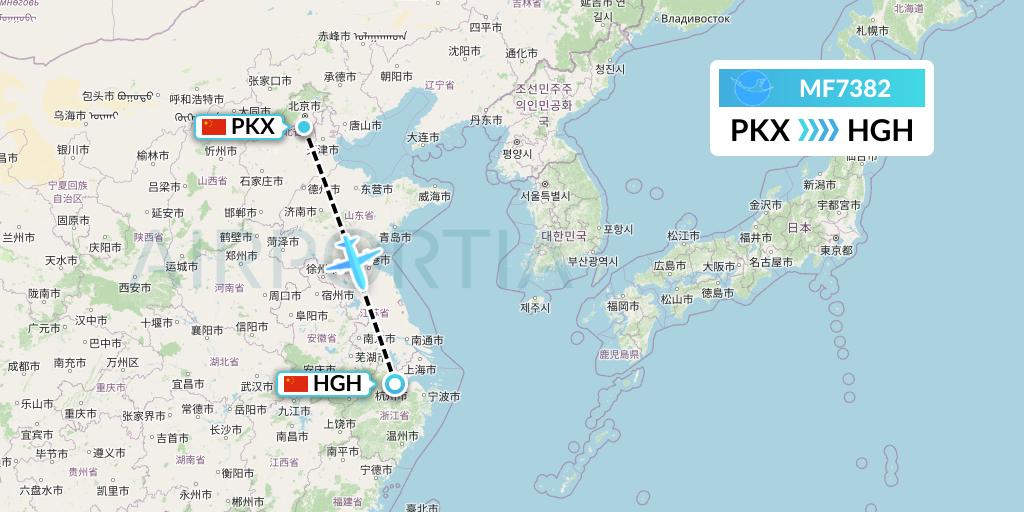 MF7382 Xiamen Airlines Flight Map: Beijing to Hangzhou