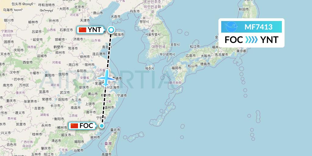 MF7413 Xiamen Airlines Flight Map: Fuzhou to Yantai