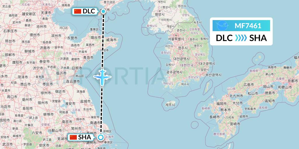 MF7461 Xiamen Airlines Flight Map: Dalian to Shanghai