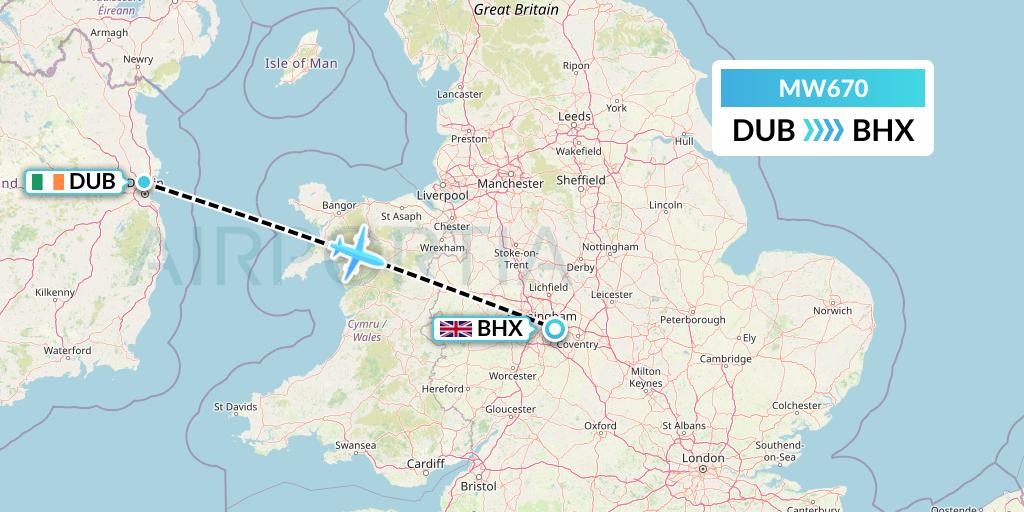 MW670 Mokulele Flight Service Flight Map: Dublin to Birmingham