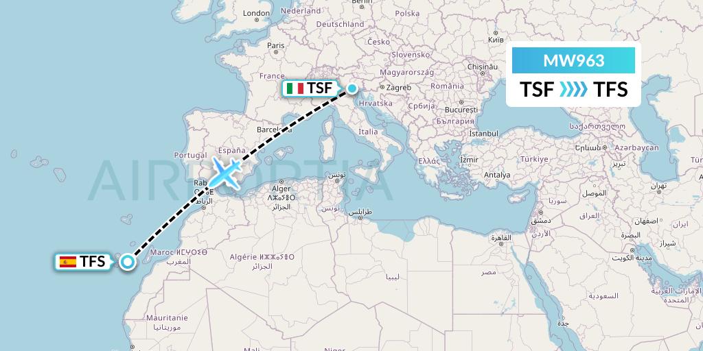 MW963 Mokulele Flight Service Flight Map: Treviso to Tenerife