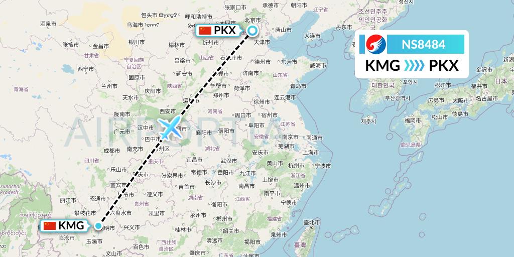 NS8484 Hebei Airlines Flight Map: Kunming to Beijing