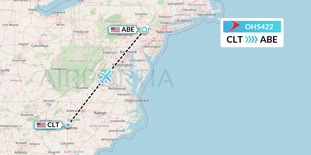 OH5422 PSA Airlines Flight Map: Charlotte to Allentown