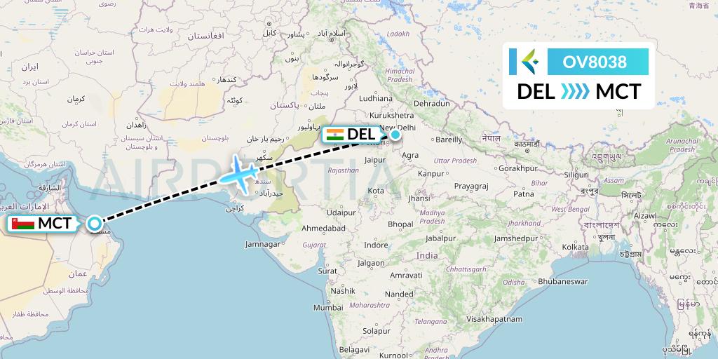 OV8038 SalamAir Flight Map: Delhi to Muscat