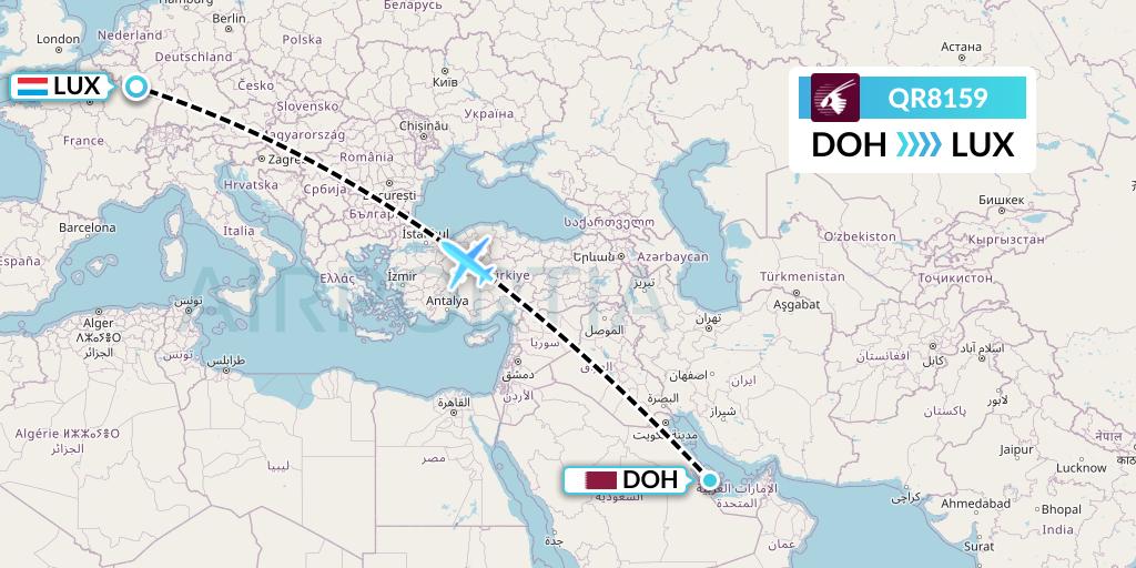 QR8159 Qatar Airways Flight Map: Doha to Luxembourg