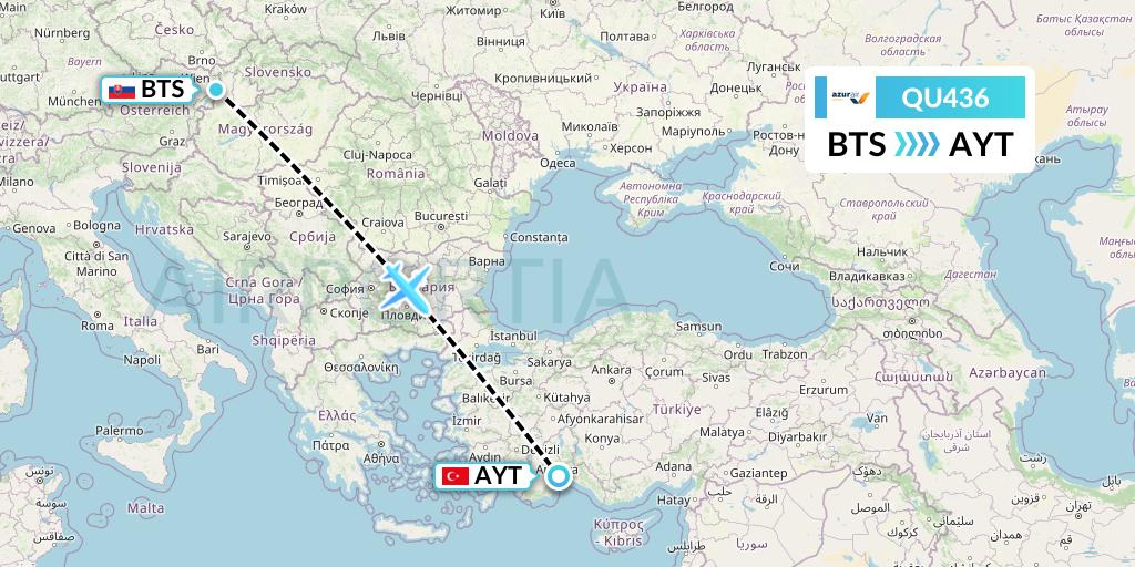 QU436 Azur Air Ukraine Flight Map: Bratislava to Antalya