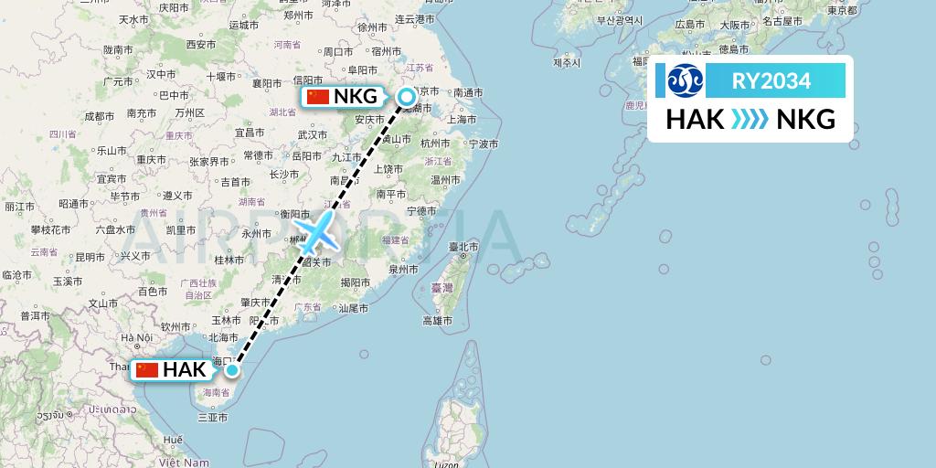 RY2034 Jiangxi Air Flight Map: Haikou to Nanjing