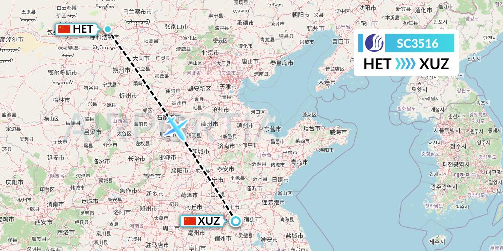 SC3516 Shandong Airlines Flight Map: Hohhot to Xuzhou