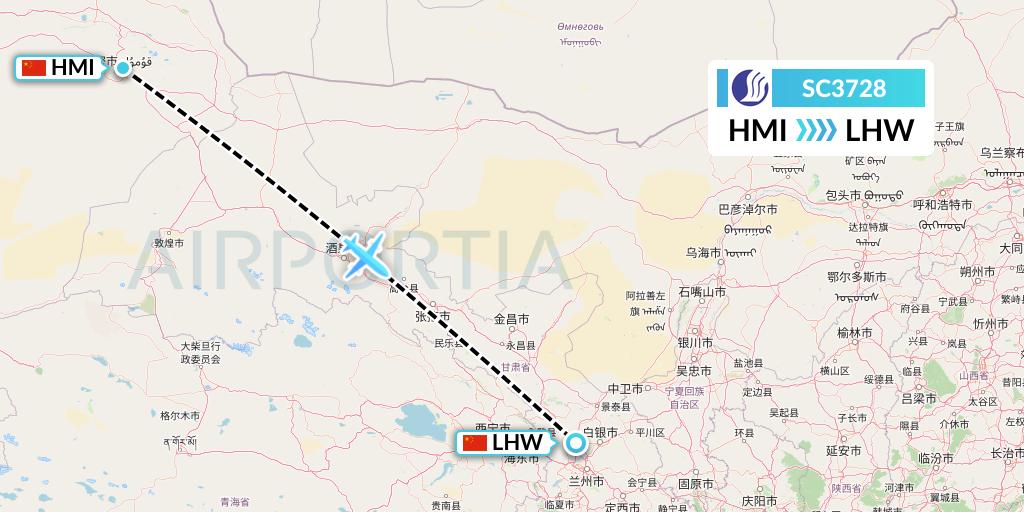 SC3728 Shandong Airlines Flight Map: Hami City to Lanzhou
