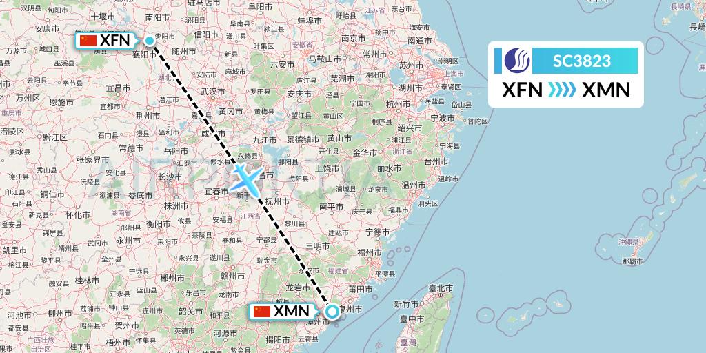 SC3823 Shandong Airlines Flight Map: Xiangyang to Xiamen