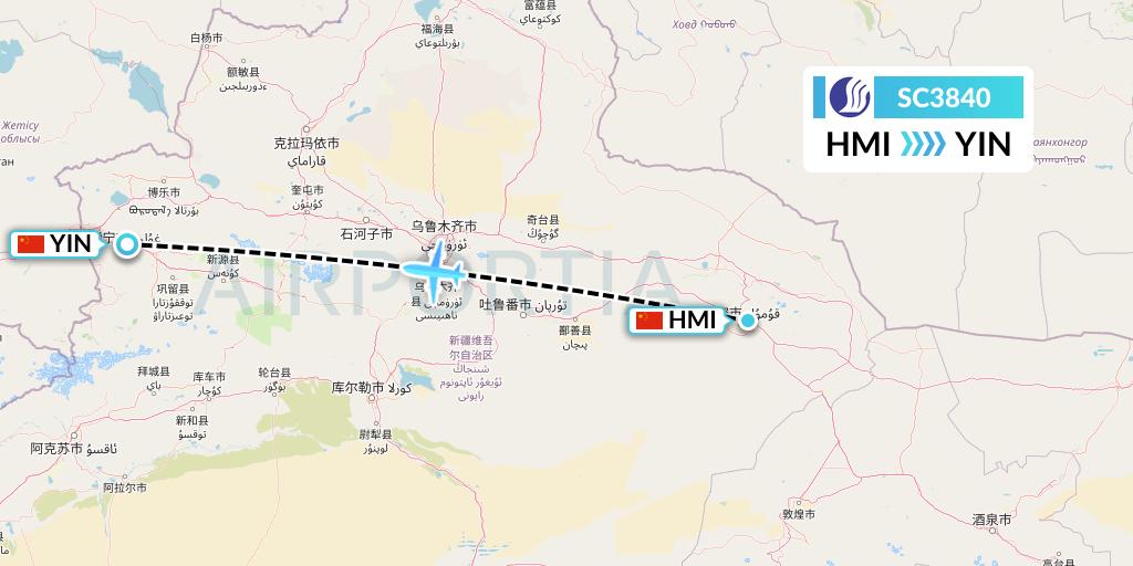 SC3840 Shandong Airlines Flight Map: Hami City to Yining