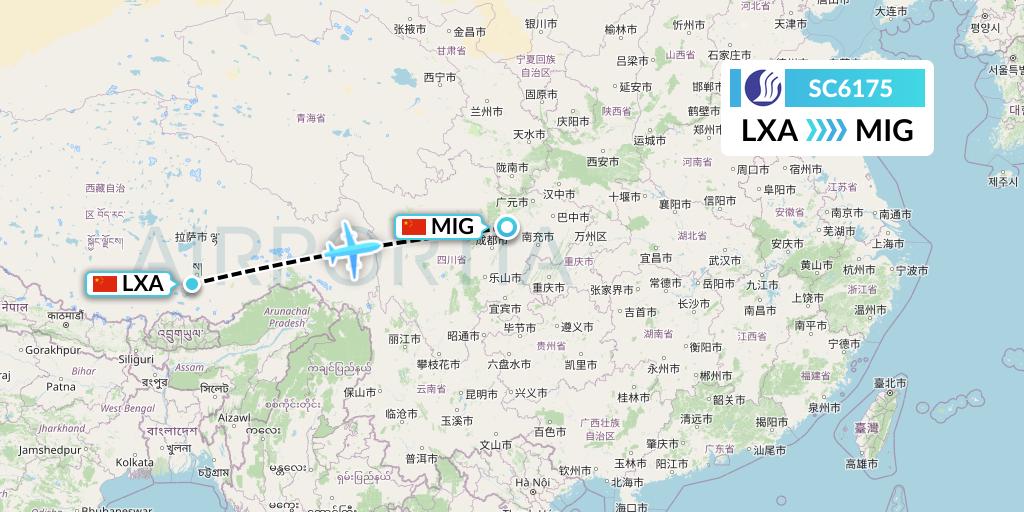 SC6175 Shandong Airlines Flight Map: Lhasa to Mianyang