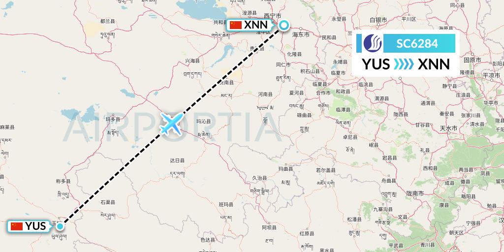 SC6284 Shandong Airlines Flight Map: Yushu to Xining