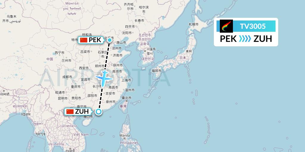 TV3005 Tibet Airlines Flight Map: Beijing to Zhuhai