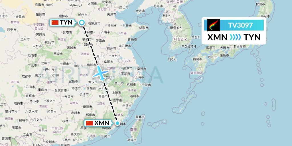 TV3097 Tibet Airlines Flight Map: Xiamen to Taiyuan