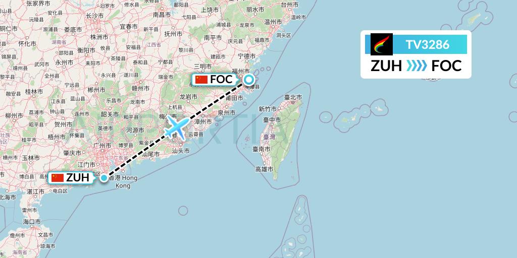 TV3286 Tibet Airlines Flight Map: Zhuhai to Fuzhou