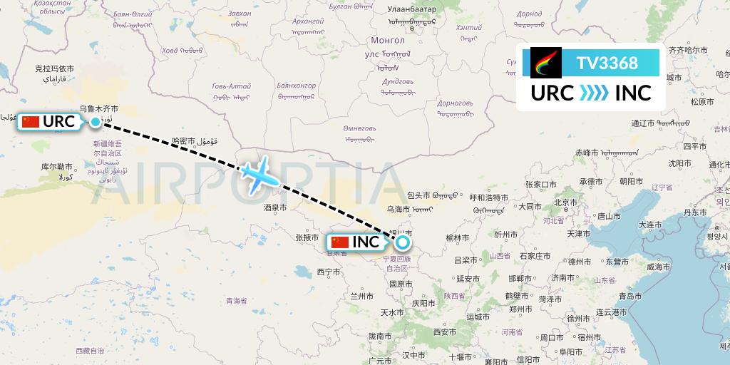 TV3368 Tibet Airlines Flight Map: Urumqi to Yinchuan