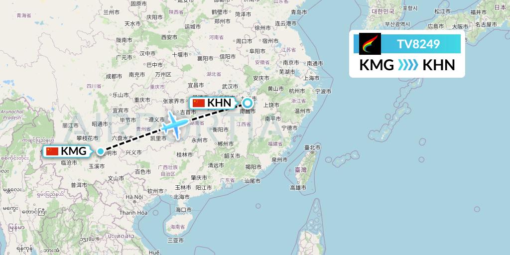 TV8249 Tibet Airlines Flight Map: Kunming to Nanchang