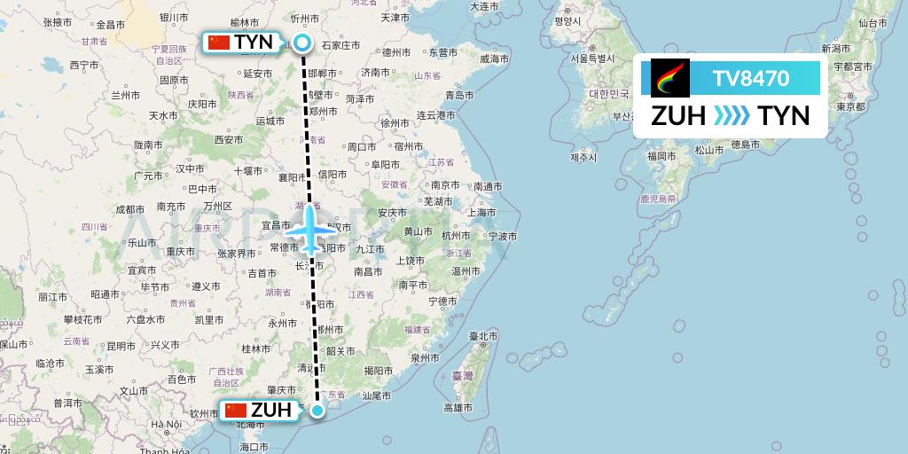 TV8470 Tibet Airlines Flight Map: Zhuhai to Taiyuan