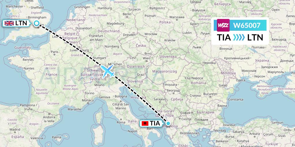 W65007 Wizz Air Flight Map: Tirana to London