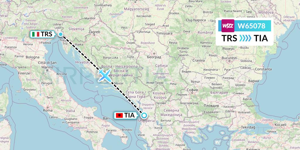 W65078 Wizz Air Flight Map: Trieste to Tirana
