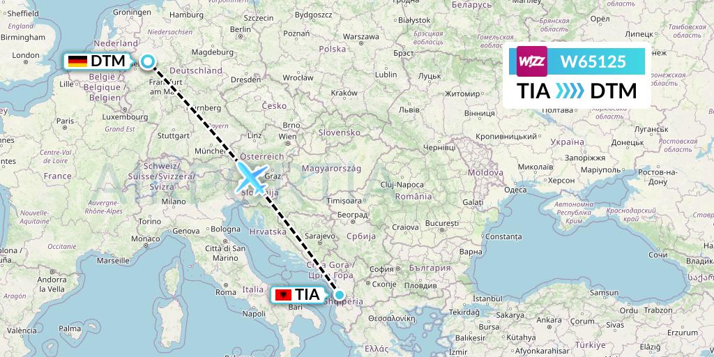 W65125 Wizz Air Flight Map: Tirana to Dortmund