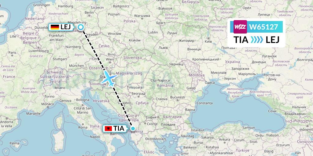 W65127 Wizz Air Flight Map: Tirana to Leipzig