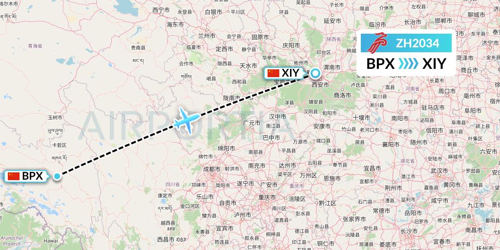 ZH2034 Shenzhen Airlines Flight Map: Bangda to Xi'an