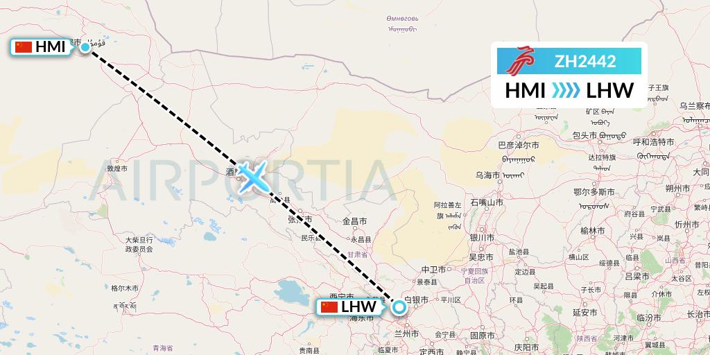 ZH2442 Shenzhen Airlines Flight Map: Hami City to Lanzhou