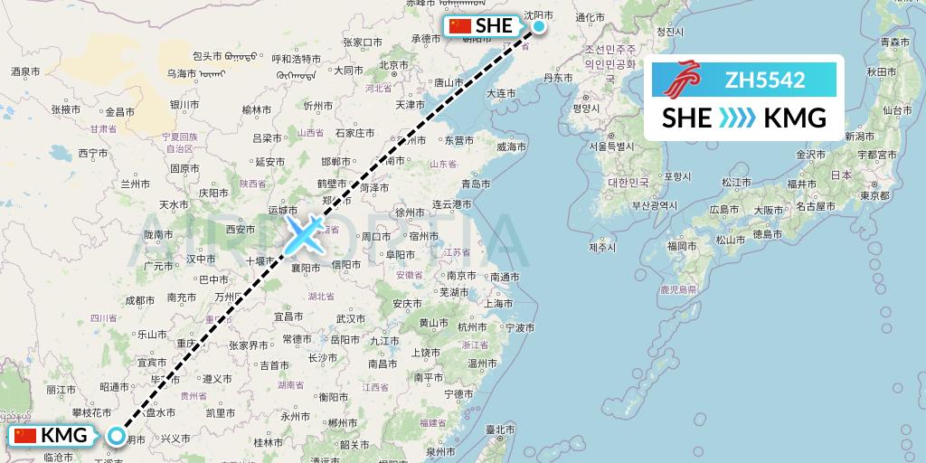 ZH5542 Shenzhen Airlines Flight Map: Shenyang to Kunming