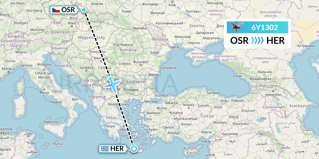 6Y1302 SmartLynx Flight Map: Ostrava to Heraklion
