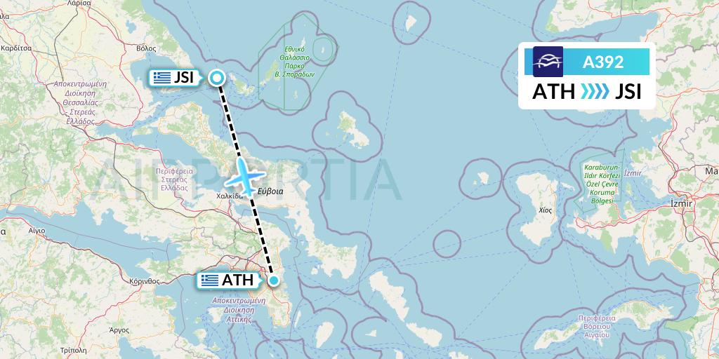 A392 Aegean Airlines Flight Map: Athens to Skiathos