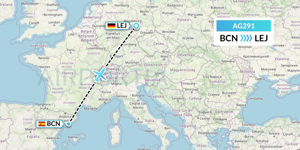 AG291 Aruba Airlines Flight Map: Barcelona to Leipzig