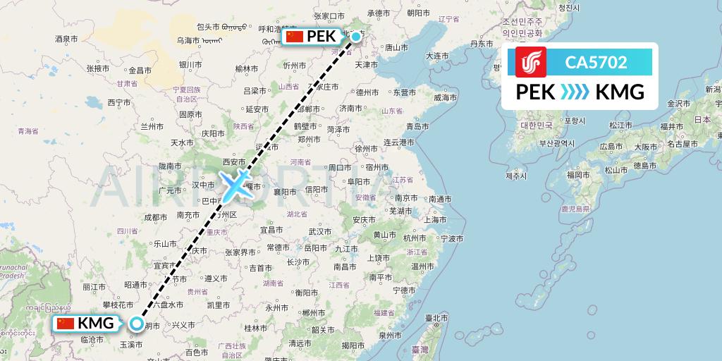 CA5702 Air China Flight Map: Beijing to Kunming