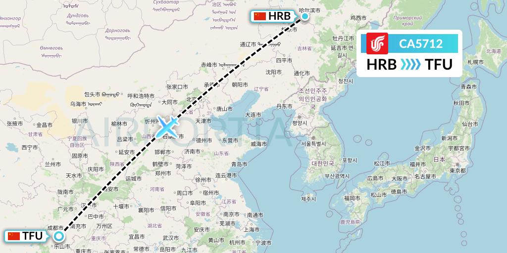 CA5712 Air China Flight Map: Harbin to Chengdu